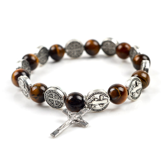 KOMi Tiger Eye Beaded Rosary Bracelets Catholic Religion Zinc Alloy Christ Jesus Cross Pendant Prayer Bracelets Collana R-374