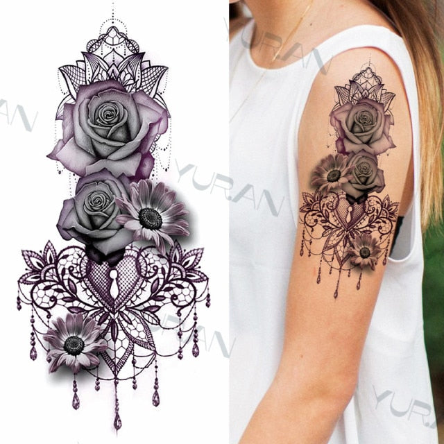 Black Large Snake Flower Fake Tattoo Sticker For Women Dot Rose Peony Temporary Tattoos DIY Water Transfer Tatoos Girls