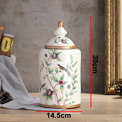 Vintage European Flower and Bird Ceramic Storage Jar Vase Decoration Porcelain Art Crafts Tea Coffee Beans Candy Storage Jar New