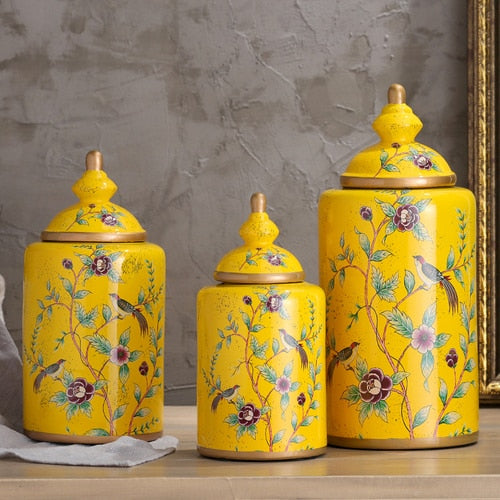 Vintage European Flower and Bird Ceramic Storage Jar Vase Decoration Porcelain Art Crafts Tea Coffee Beans Candy Storage Jar New