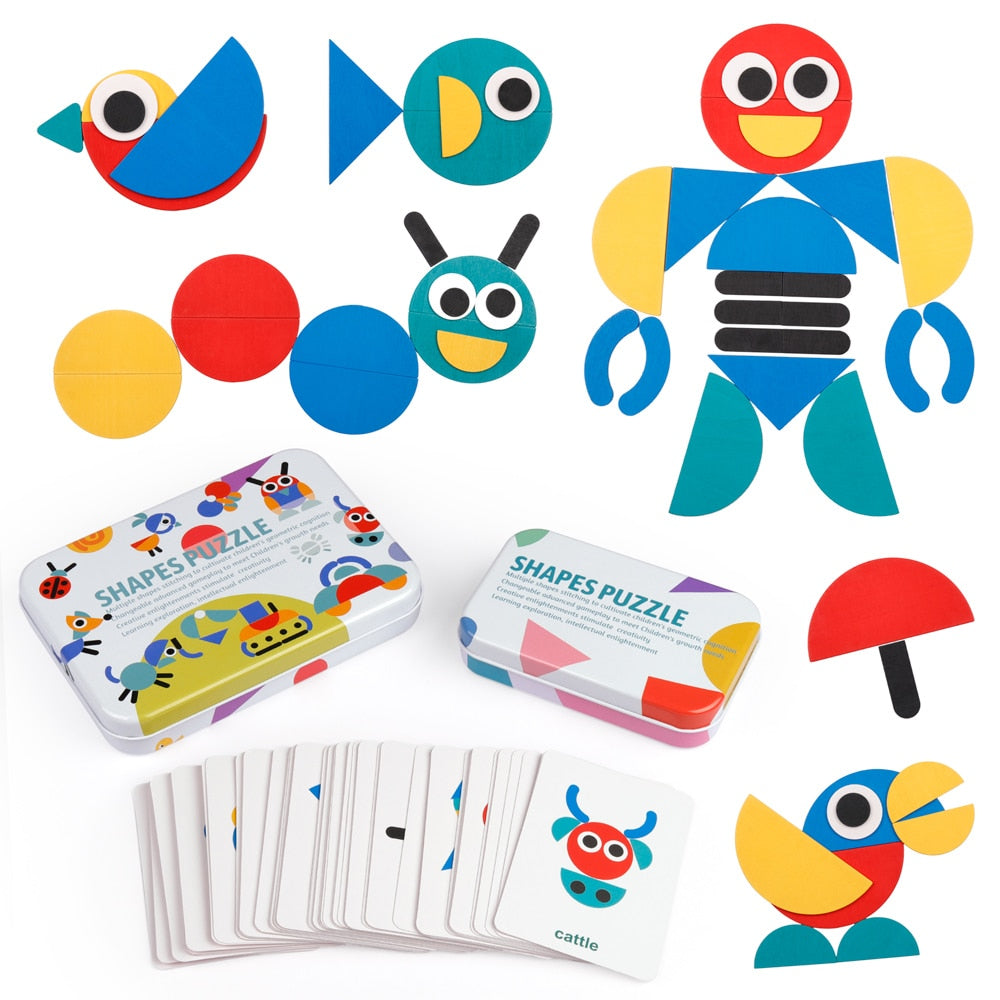 Coogam Wooden Pattern Puzzle -Tangram Shape Puzzle Set Wood Animal sorting Stacking Game Toys for Kids( 60 Pattern Cards)