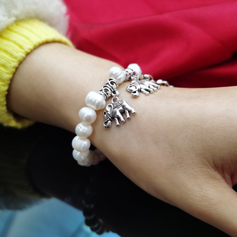 Cellacity Ethnic style Silver 925 Jewelry Freshwater Pearl Pearl Bracelet for Women Elephant Thai silver Natural Thailand style
