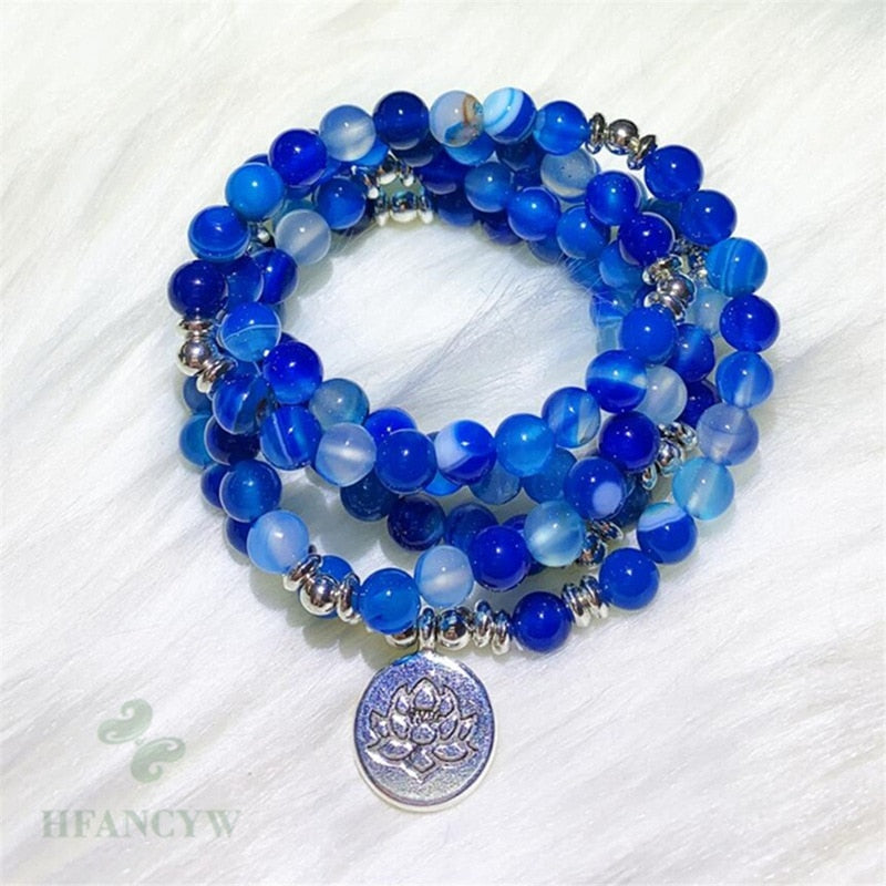 6mm Blue stripe agate Gemstone 108 Beads Mala Buddhist Bracelet Handmade Classic Cheaply Cuff Hot Wrist Chic Bless Meditation