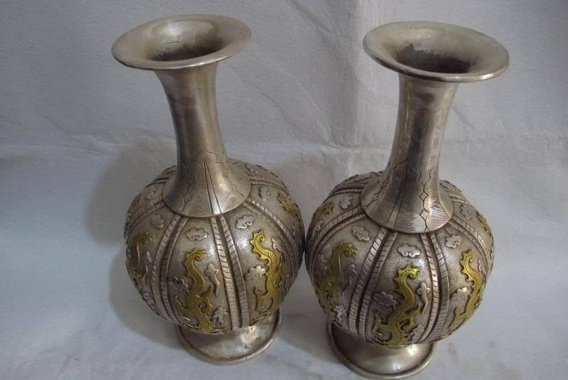 12 Chinese White Copper Silver Gild Lucky Feng Shui Six Dragon Jar Pot Vase Pair