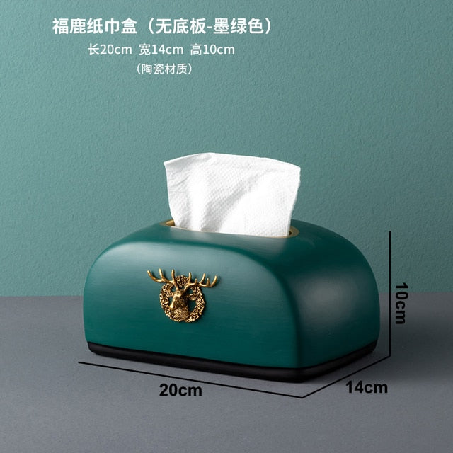 Modern Dark Green Deer Head Tissue Box Storage Box Candy Fruit Tray Flower Vase Resin Ceramic Exquisite Crafts Luxury Home Decor