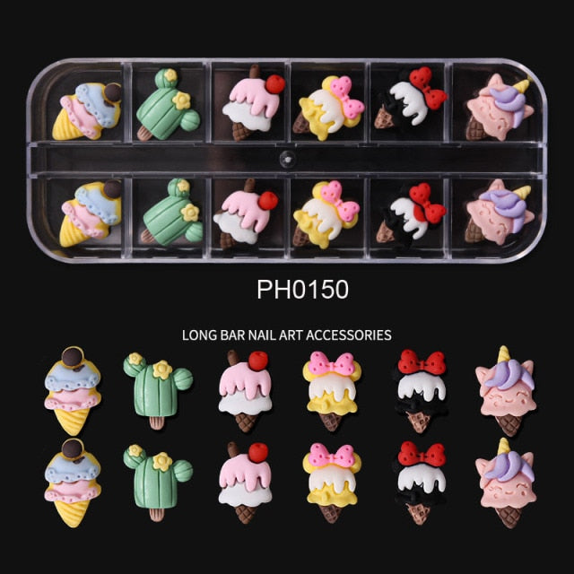 12pcs/1Bar Cartoon POP Girls Accessories Kawaii 13*4.5cm Rabbit/Bear/Duck Ice-Cream Child Ornaments 3D Nail Decorations PH7-11mm
