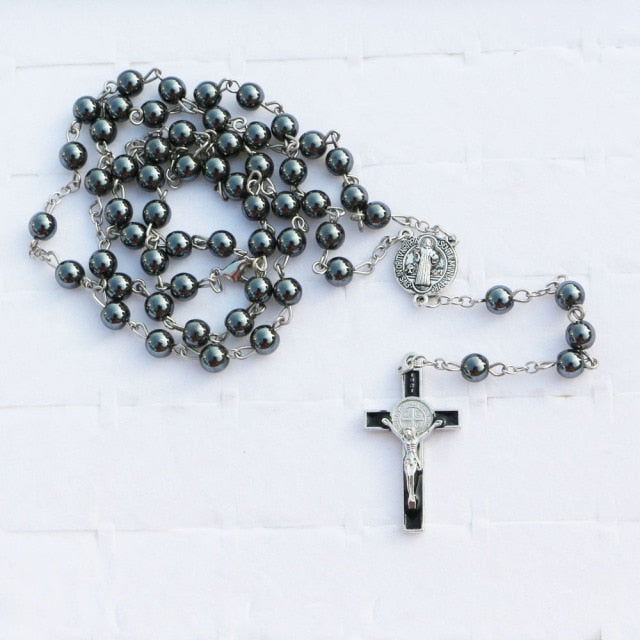 Collier Chapelet Catholique Plaqué Argent Vierge Marie Bijoux Chrétiens Prière Polychrome Perles Hématite 6mm