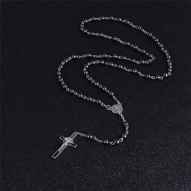 Komi Woman Man Natural Stone Beaded Necklace Catholic Jesus Cross With Rosary Beads  Long Pendant Necklaces