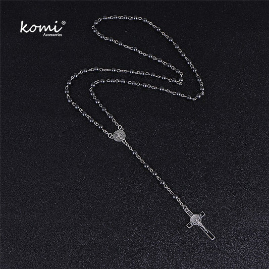 Komi Woman Man Natural Stone Beaded Necklace Catholic Jesus Cross With Rosary Beads  Long Pendant Necklaces