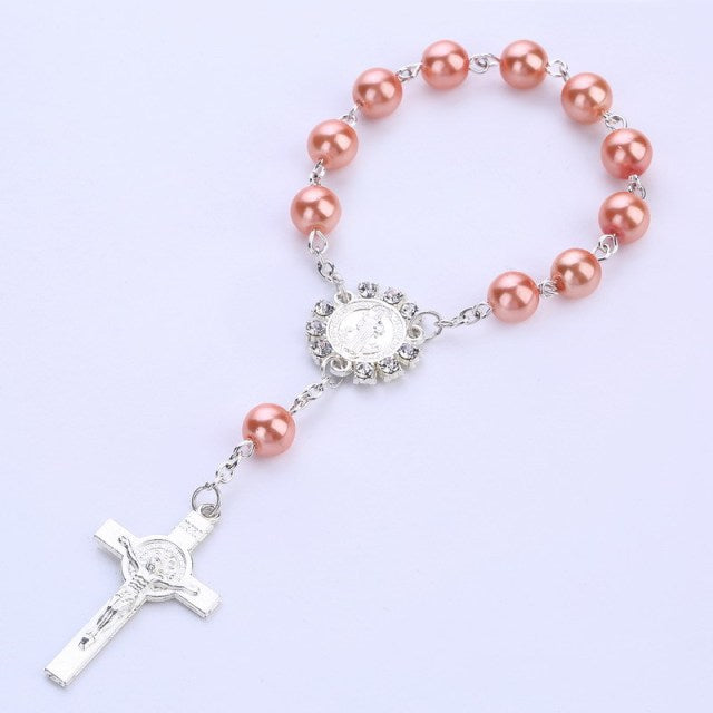 Catholic Religious Rosary Jesus Charm Bracelets Cross Bless Colorful Imitation Pearl Accessories Rosary Kids Baptism Link Chains
