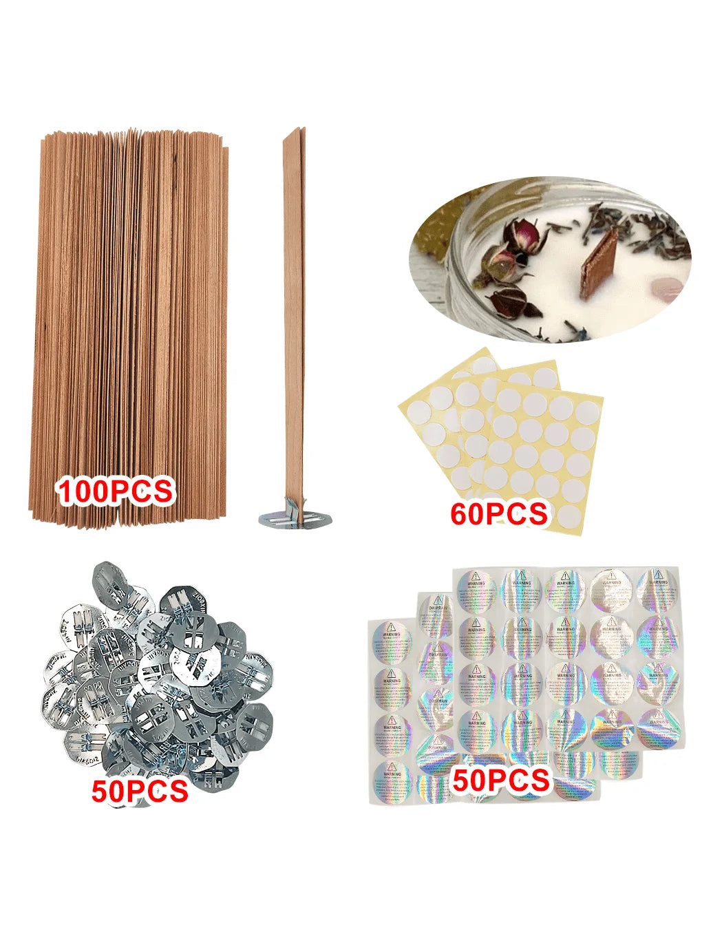 100 Pieces/200 Pieces for Cherry Wood Candle Wicks for Candles, Wooden Candle Wicks, Smokeless Ringing, with Iron Brackets, Candle Glue Dots, Candle Warning Labels DIY Candle Making