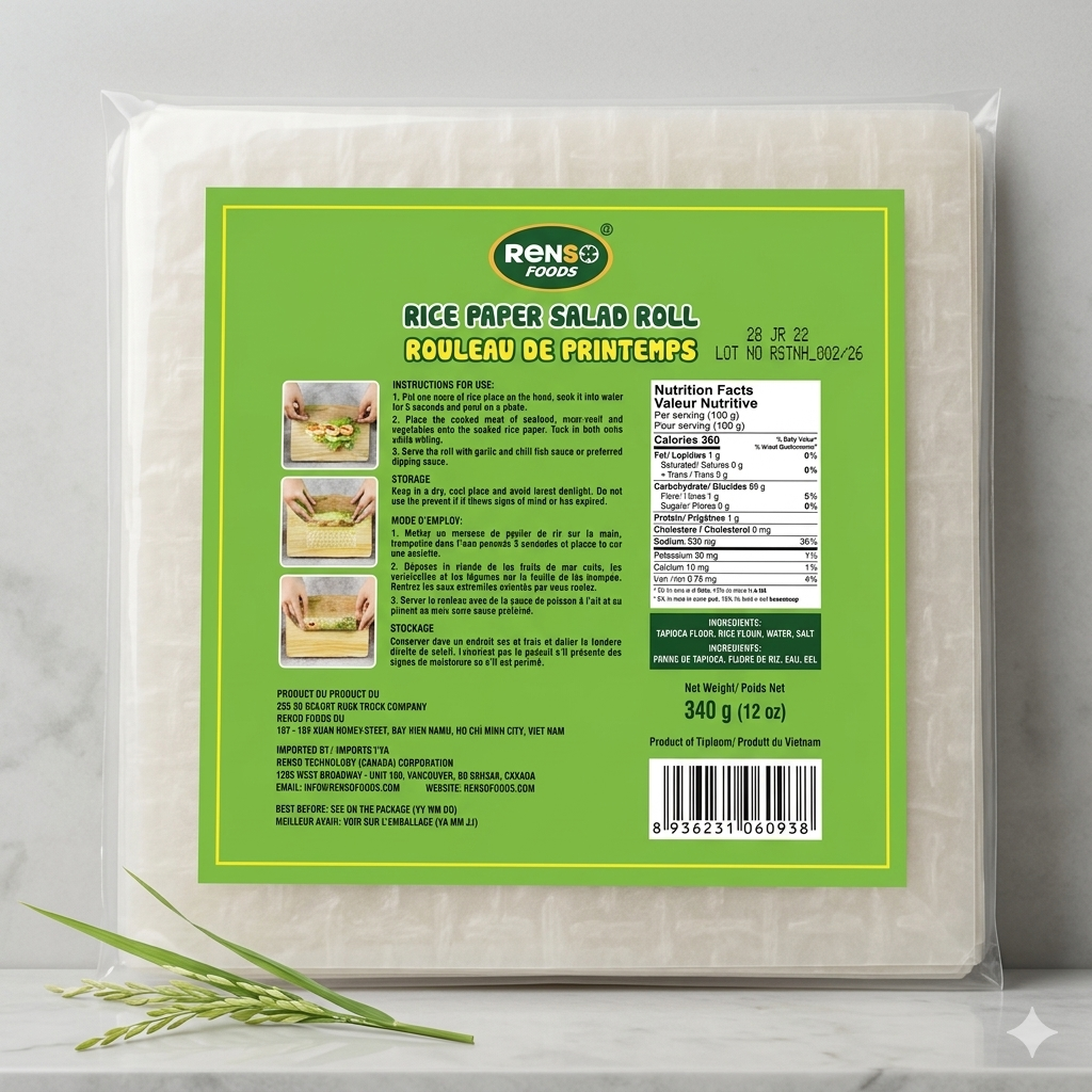 056-Feuilles de riz carrées de qualité supérieure Renso pour rouleaux de printemps 22 cm, 340 g - Bánh tráng vuông cuốn salad (Caisse de 44)