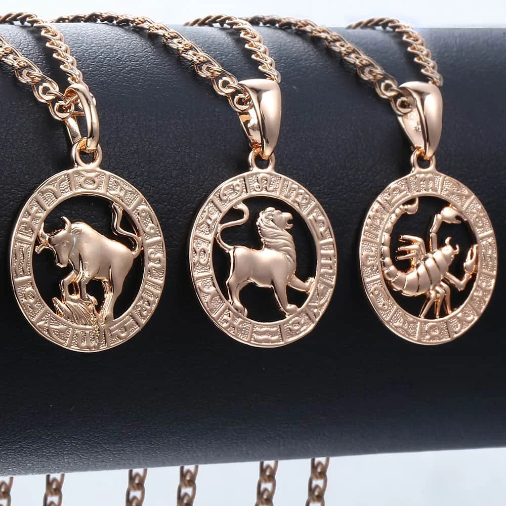 Women's Zodiac Sign Pendant 12 Constellation Charm 585 Rose Gold Color Necklace Aries Leo Scorpio 3mm Snail Jewelry GP278