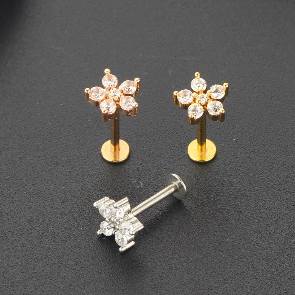 Crystal Flower Tragus Piercing Earring Flat 16G Cross Cartilage Piercing Stud Helix Jewelry Conch Rook Lobe Earring Labret Stud