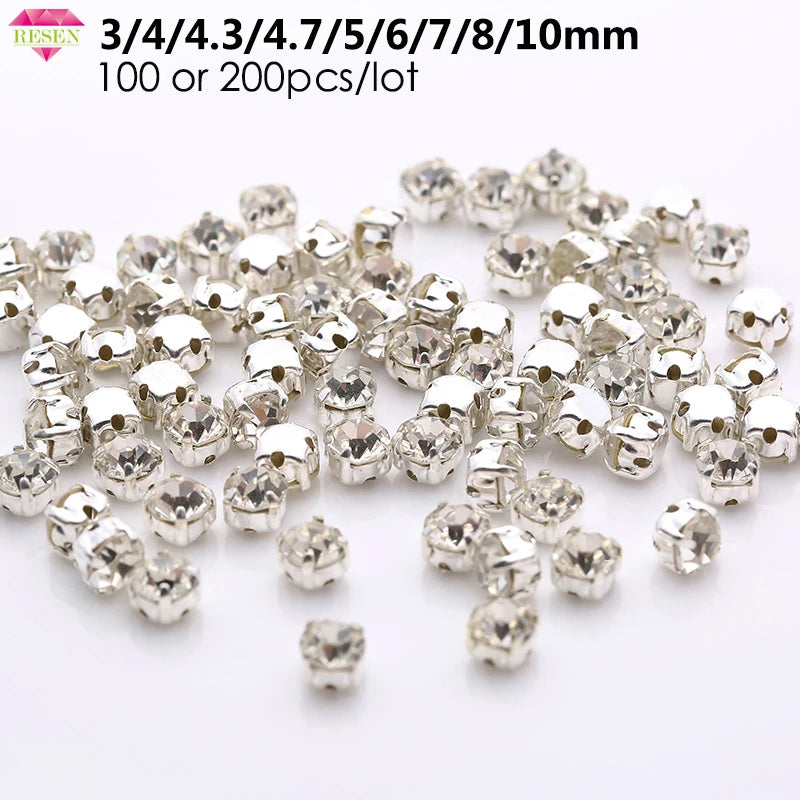 Sell At Loss RESEN Top Quality 3-10mm Sliver Claw Sew On Rhinestones Clear Crystal Color Sliver Base Sewing Stone DIY Decoration