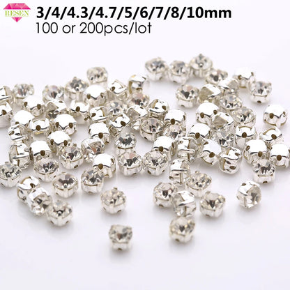 Sell At Loss RESEN Top Quality 3-10mm Sliver Claw Sew On Rhinestones Clear Crystal Color Sliver Base Sewing Stone DIY Decoration