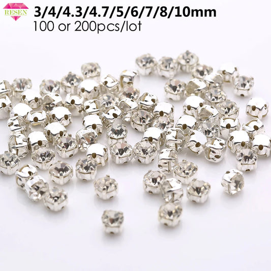 Sell At Loss RESEN Top Quality 3-10mm Sliver Claw Sew On Rhinestones Clear Crystal Color Sliver Base Sewing Stone DIY Decoration