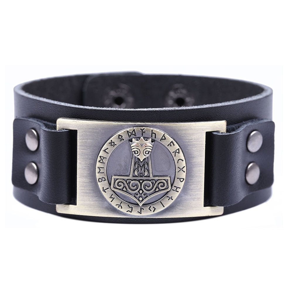 LIKGREAT Viking Wide Leather Wrap Bracelet Men Thor's Hammer Axe Charm Bracelets Vintage Nordic Punk Runes Jewelry Accessories