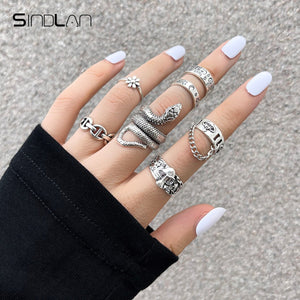 Sindlan Gothic Silver Color Grimace Finger Rings Set for Women Punk Stranger Things Grunge Butterfly Female Emo Jewelry Anillos
