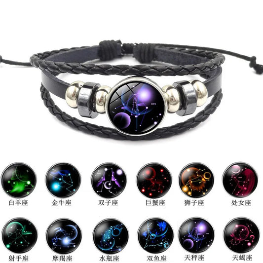 Bracelet en cuir avec bouton signes du zodiaque Bélier/Taureau/Gémeaux/Cancer/Lion/Vierge/Balance/Scorpion, bijoux 12 Constellations pour anniversaire