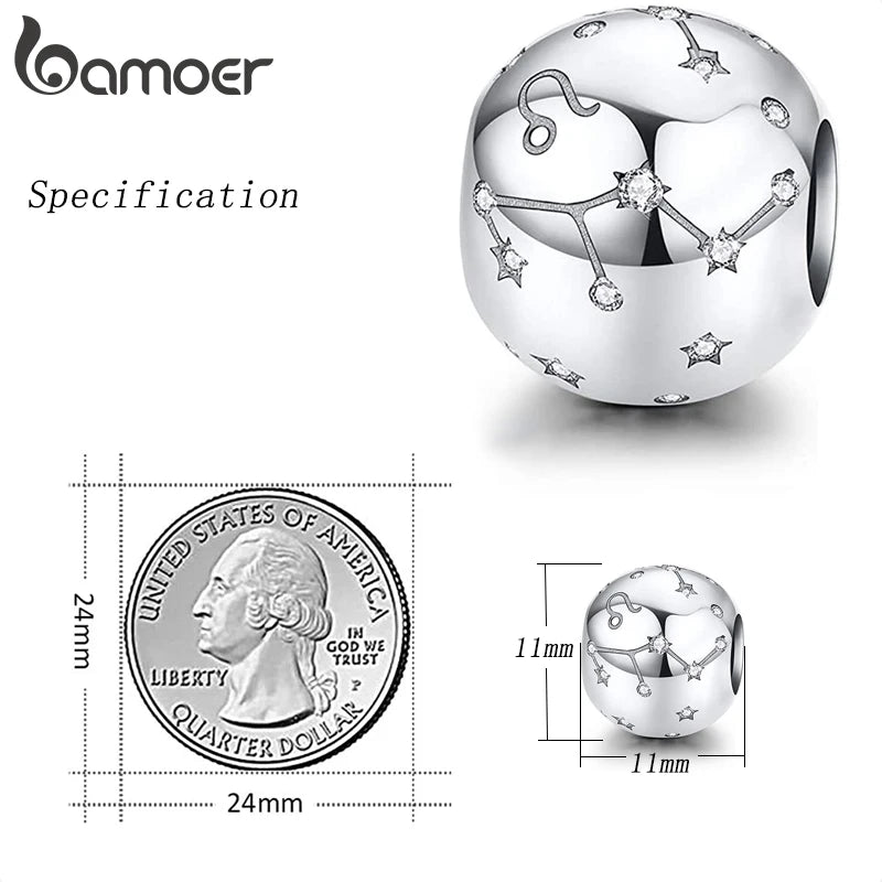 BAMOER Vintage 925 Sterling Silver Twelve Constellations Star Sign Zodiac Beads Charms fit Charm Bracelet Neckalce DIY SCC1218