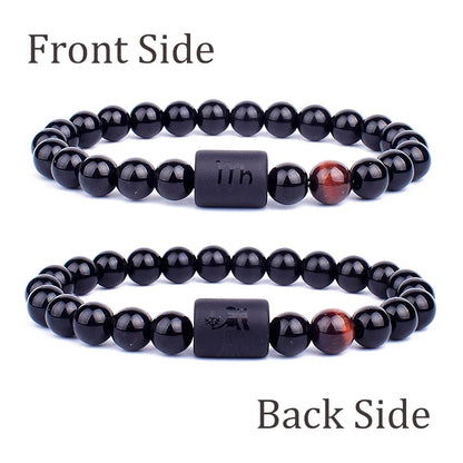 12 Constellation Zodiac Signs Beads Couples Bracelet Natural Black Onyx Stone Elastic Charm Bracelet for Women Men Birthday Gift