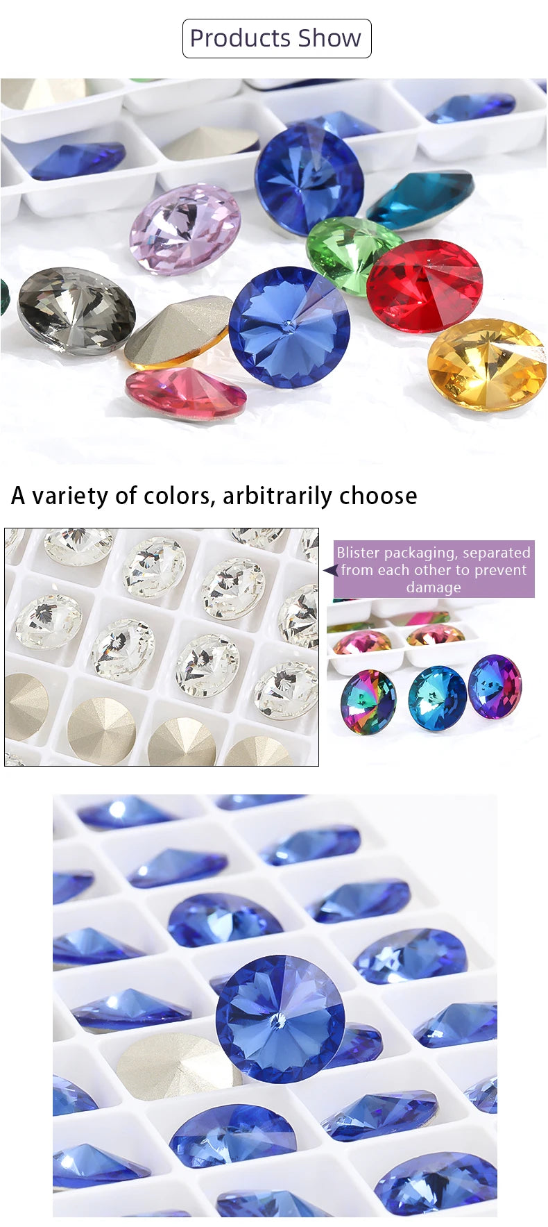 6/8/10/12/14MM Rivoli Rhinestone Round Pointed Diamond Stones Colorful Beads Crafts Crystal Nail Clothes Jewelry Accessories
