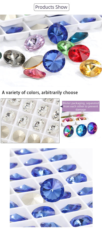 6/8/10/12/14MM Rivoli Rhinestone Round Pointed Diamond Stones Colorful Beads Crafts Crystal Nail Clothes Jewelry Accessories