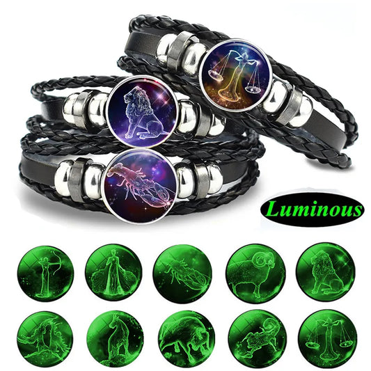 Gemini Leo Libra Scorpio Sagittarius 12 Constellation Luminous Bracelet Leather Bracelet Zodiac Charm Jewelry Bracelet for Men