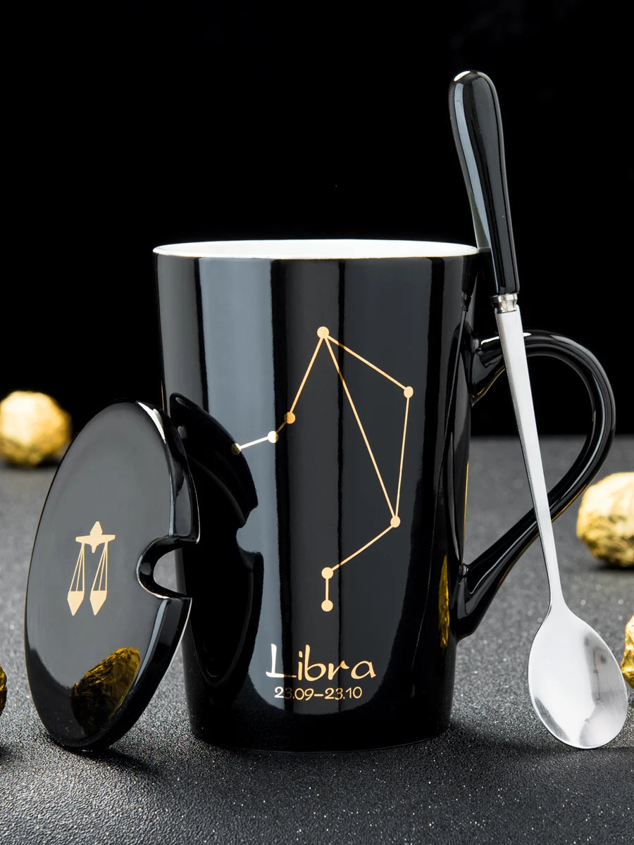 Ceramic Mugs 12 Constellations Creative Mugs with Spoon Lid Green and Gold Porcelain Zodiac Milk Coffee Cup Drinkware