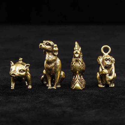 Brass Key Chain Pendant 12 Zodiac Animas Mice Bull Tiger Rabbit Dragon Snake Horse Sheep Monkey Chicken Dog Pig Figures Keychain