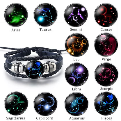 12 Zodiac Signs Constellation Charm Bracelet Men's and Women's Fashion Multi-layer Woven Leather Couple Bracelet Accessories