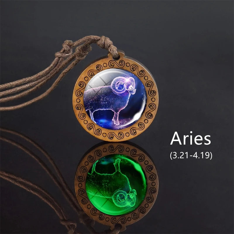 12 Constellation Necklace Glowing In The Dark Zodiac Signs Glass Pendant Rope Chain Wooden Necklace Luminous Jewelry