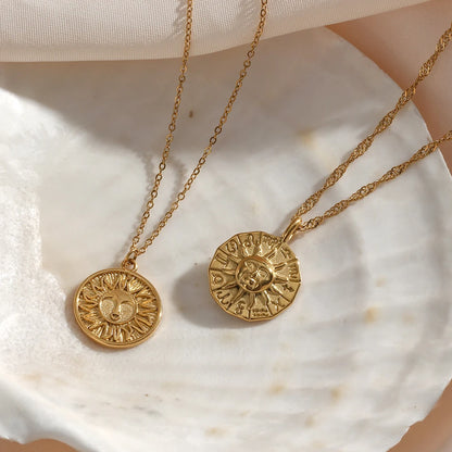 EBbelle Creative Design Casting Stereoscopic Coin Necklace Stainless Steel Gold Color 12 Zodiac Sign Sun Necklace For Women