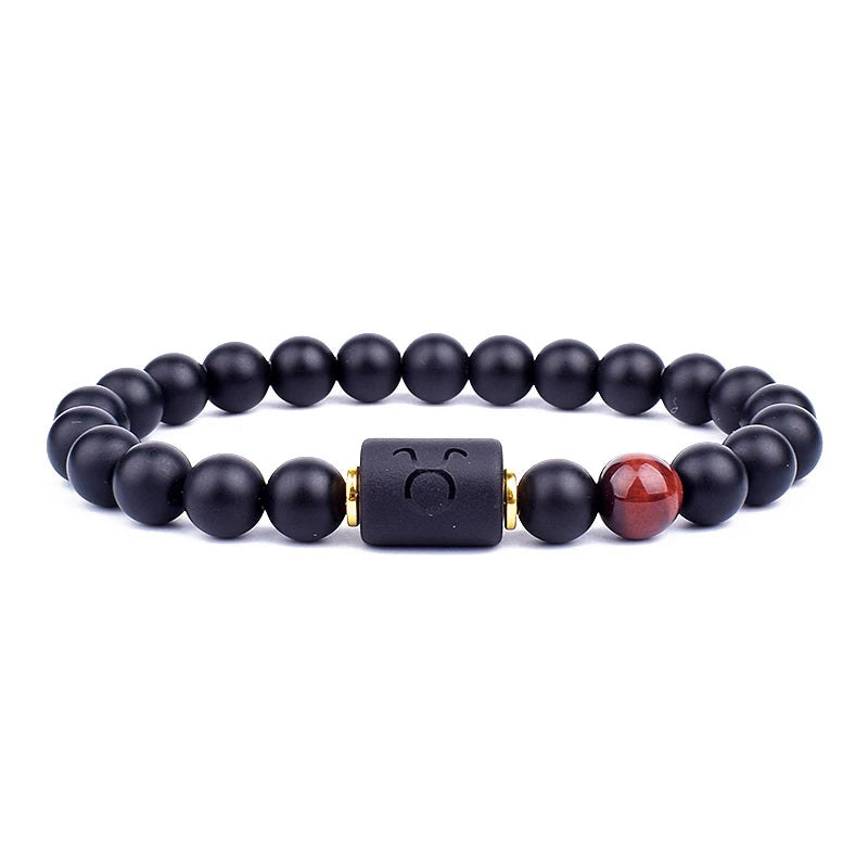 12 Constellation Zodiac Signs Beads Couples Bracelet Natural Black Onyx Stone Elastic Charm Bracelet for Women Men Birthday Gift