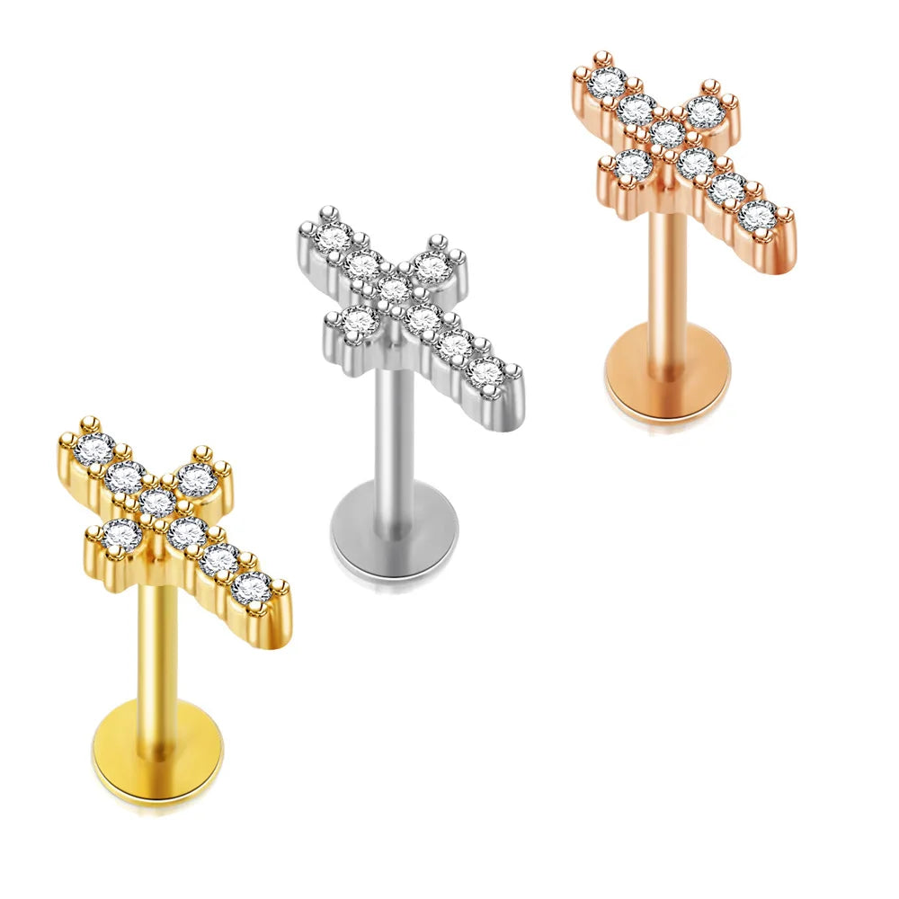 Crystal Flower Tragus Piercing Earring Flat 16G Cross Cartilage Piercing Stud Helix Jewelry Conch Rook Lobe Earring Labret Stud