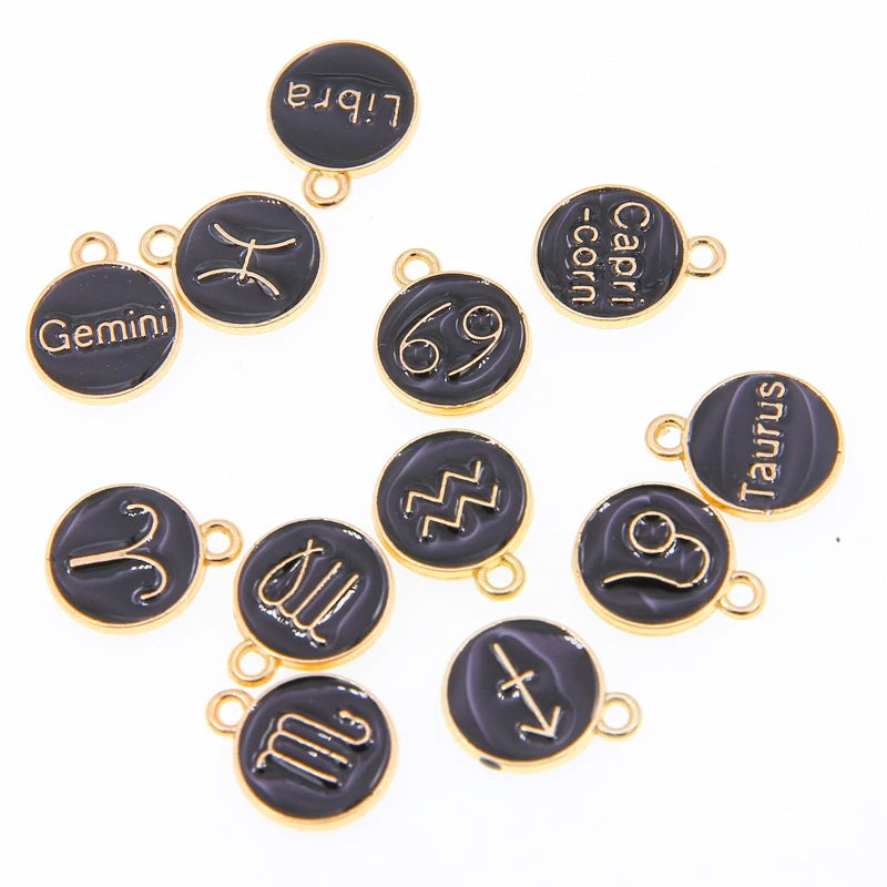 Black enamel 12 Pieces/Set Metal Alloy Enamel Zodiac Signs Charms Pendant Diy Hand Made Jewelry Accessories