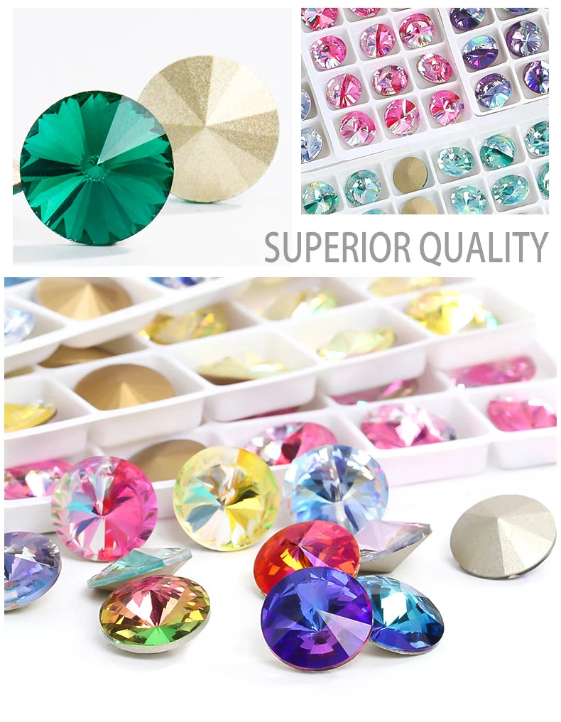 6/8/10/12/14MM Rivoli Rhinestone Round Pointed Diamond Stones Colorful Beads Crafts Crystal Nail Clothes Jewelry Accessories