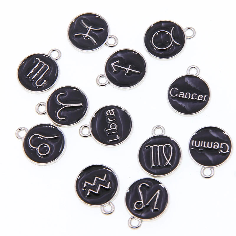 Black enamel 12 Pieces/Set Metal Alloy Enamel Zodiac Signs Charms Pendant Diy Hand Made Jewelry Accessories