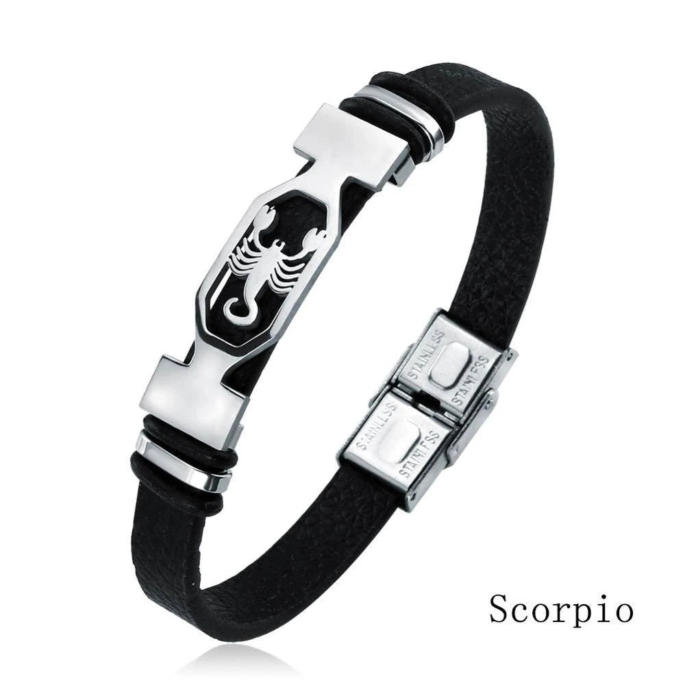 12 Constellation Stainless Steel Cuff Bracelet Men Women Zodiac Sign Black Leather Wrap Bracelet Jewelry Pulseras Hombre