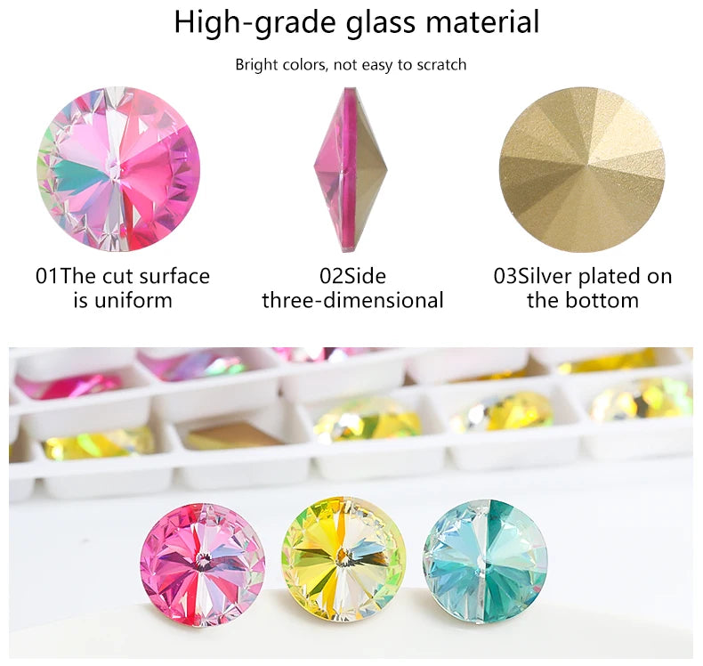 6/8/10/12/14MM Rivoli Rhinestone Round Pointed Diamond Stones Colorful Beads Crafts Crystal Nail Clothes Jewelry Accessories