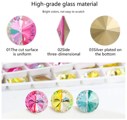 6/8/10/12/14MM Rivoli Rhinestone Round Pointed Diamond Stones Colorful Beads Crafts Crystal Nail Clothes Jewelry Accessories