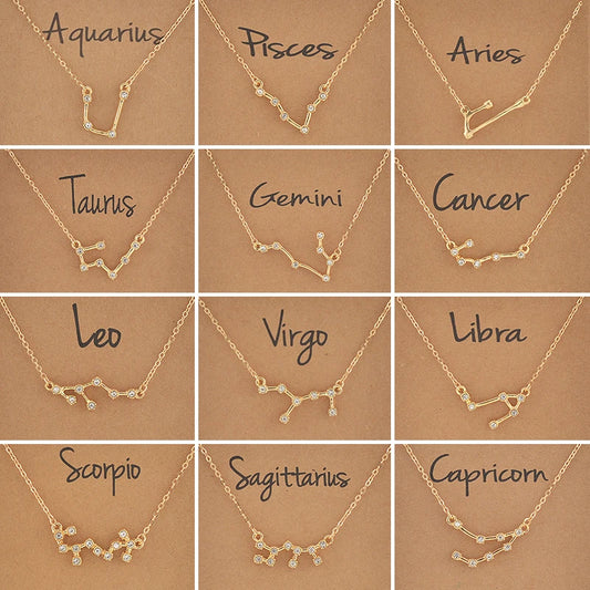 Cardboard Star Zodiac Sign 12 Constellation Necklaces Crystal Charm Chain Choker Necklace for Women Birthday Jewelry Gift