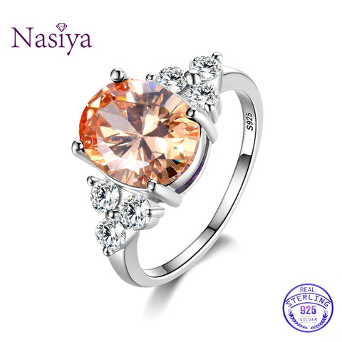 Women&#39;s Jewelry 925 Sterling Silver Rings White Pink Light Blue Champagne Zircon Oval Wedding Ring