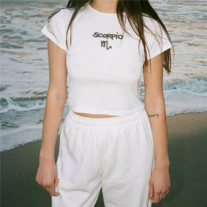 Y2K Baby T-shirt Slim Zodiac Sign Fitted Cropped Ribbed T-shirt crop top Cute Kawaii Tee Sexy Cap Sleeve Summer fairy grunge