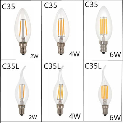 10PCS LED Bulb C35 E14 E12 E27 220V 110V Dimmable 2W 4W 6W Design Energy Saving Candle Warm White Filament Light 360 Degree Lamp