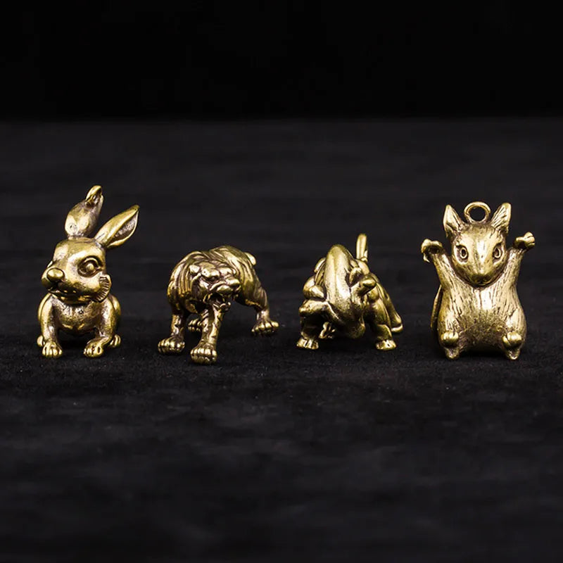 Brass Key Chain Pendant 12 Zodiac Animas Mice Bull Tiger Rabbit Dragon Snake Horse Sheep Monkey Chicken Dog Pig Figures Keychain