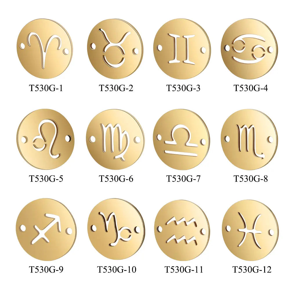 10pcs per signs 12mm Stainless Steel Mirror Polished Twelve Constellation Charms for Making Jewelry Bracelets Zodiac Charm DIY