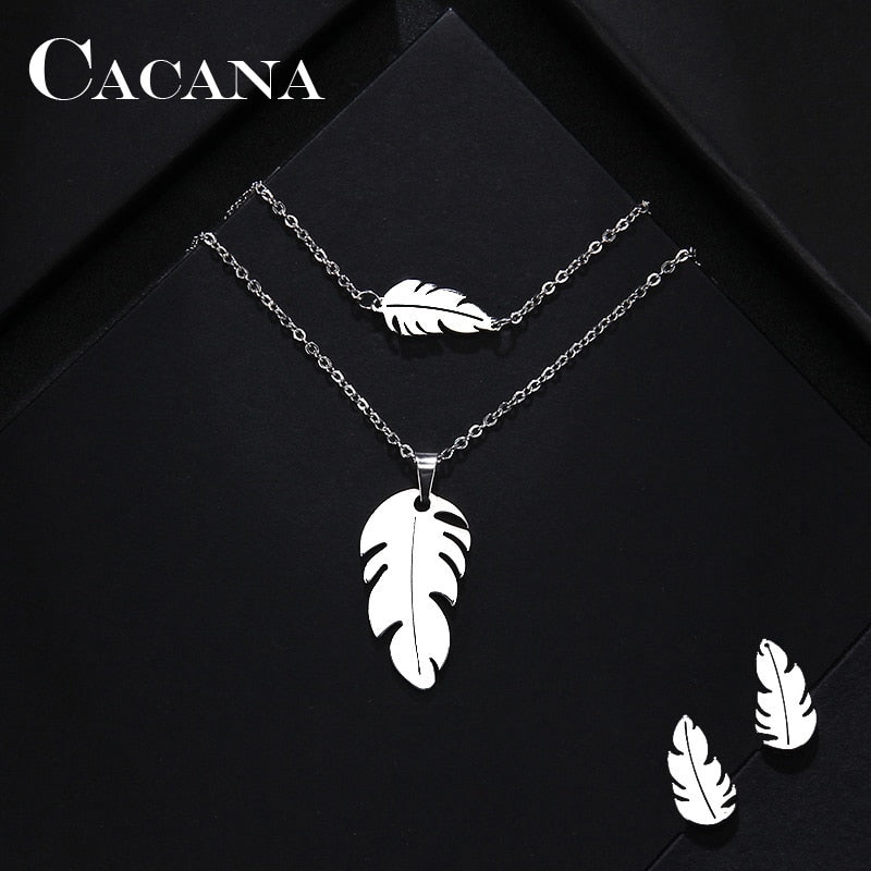 CACANA Stainless Steel Sets For Women Feather Shape Necklace Bracelet Earring Jewelry Lover&#39;s Engagement Jewelry