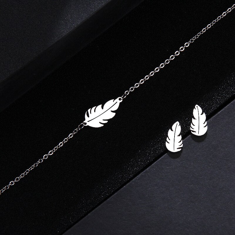 CACANA Stainless Steel Sets For Women Feather Shape Necklace Bracelet Earring Jewelry Lover&#39;s Engagement Jewelry